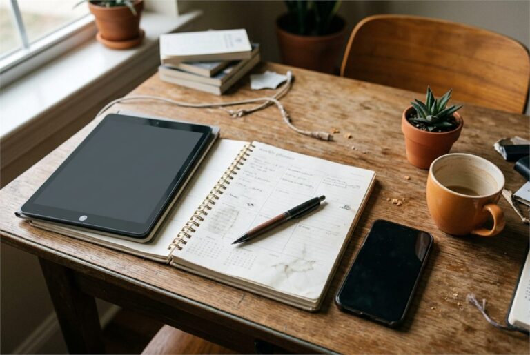 Overhead view of a desk with a tablet, paper planner and phone laid out for planning