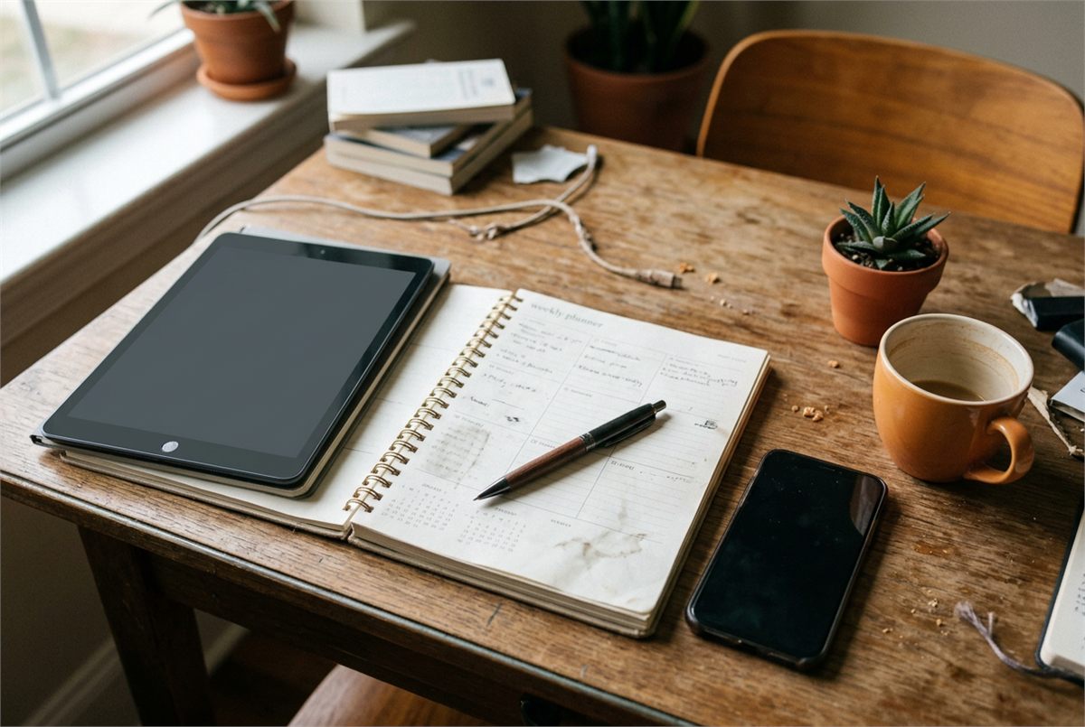 Overhead view of a desk with a tablet, paper planner and phone laid out for planning