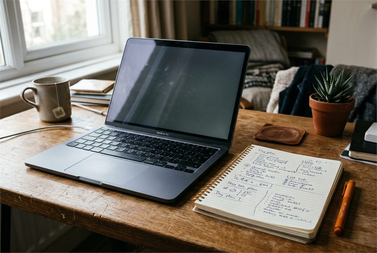 A laptop and a handwritten day plan side by side on a desk