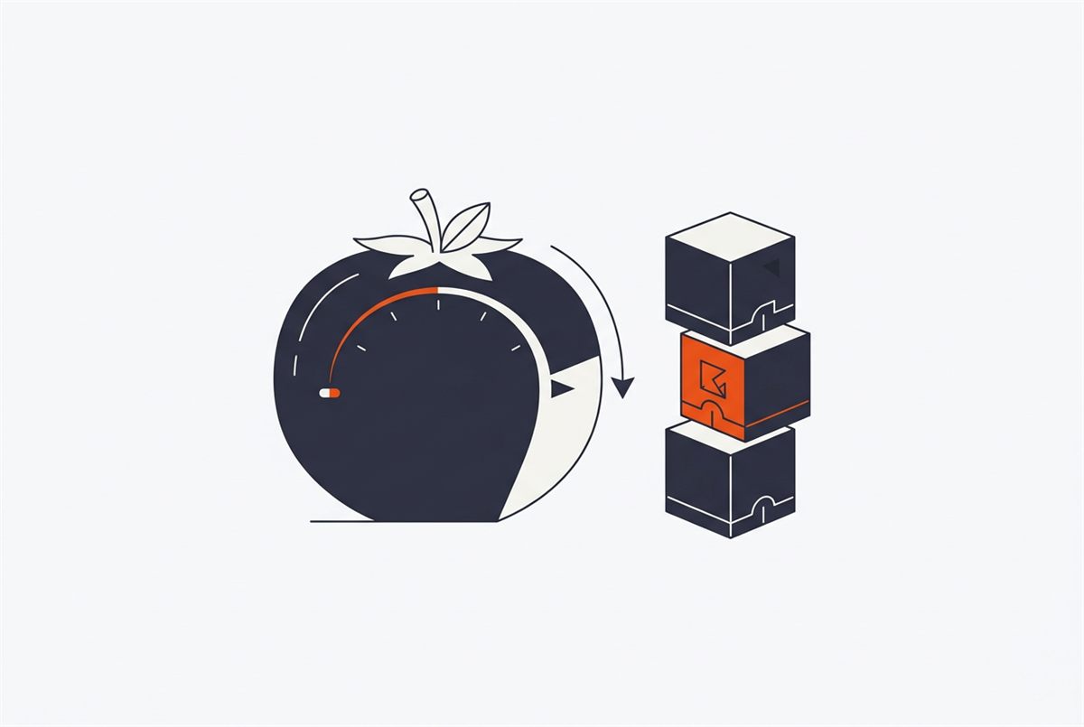 Flat illustration of a tomato-shaped kitchen timer used for Pomodoro study intervals