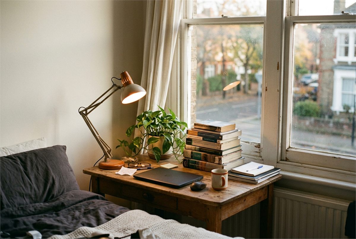 A tidy corner study desk beside a window with a lamp and a plant