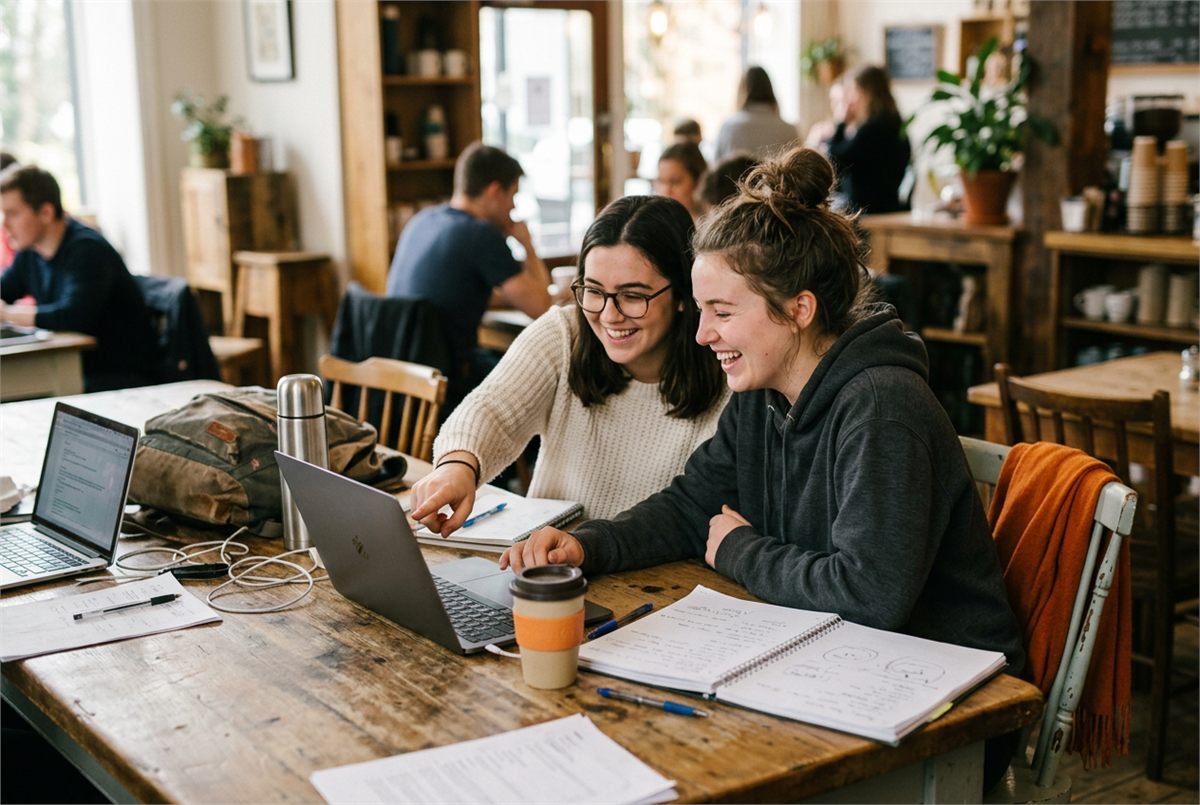 Two students working side by side at a table over a laptop and notebooks