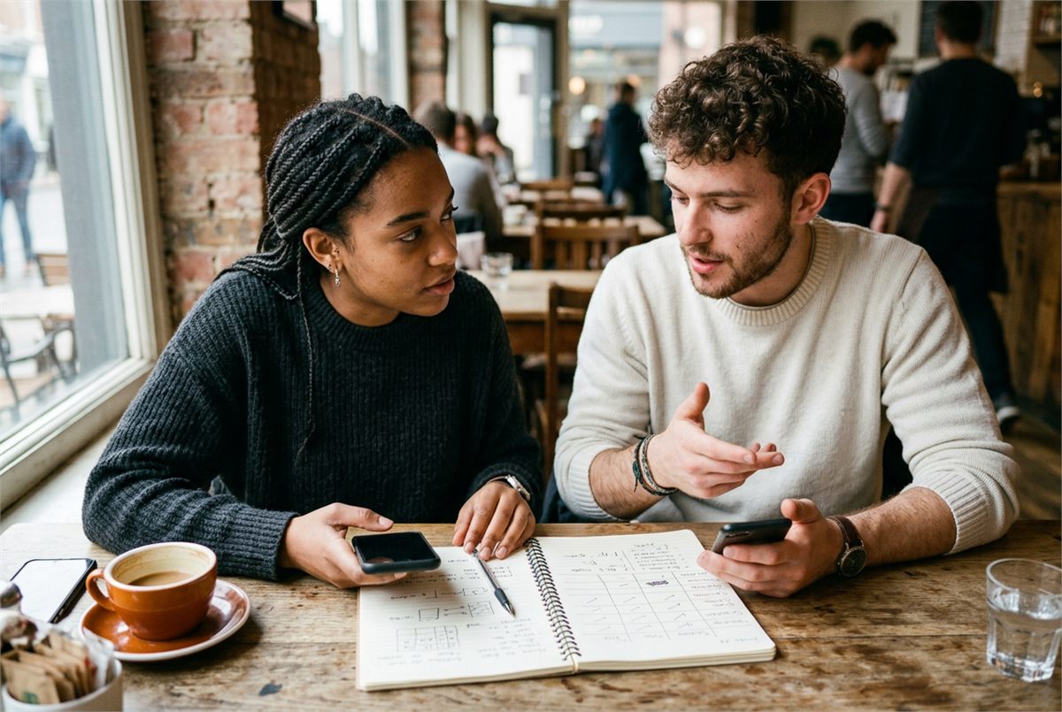Two students comparing budgeting options on their phones at a cafe table