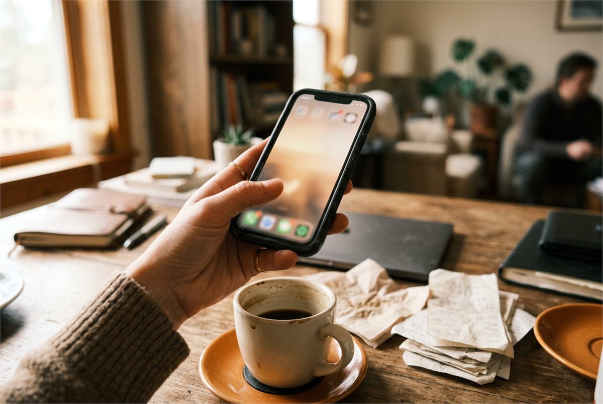A smartphone held above a desk scattered with receipts and a coffee cup