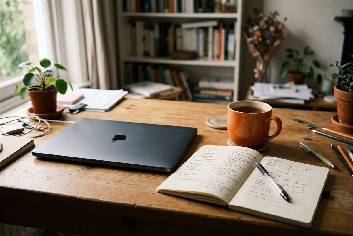 A closed laptop beside a handwritten two-column comparison in a notebook