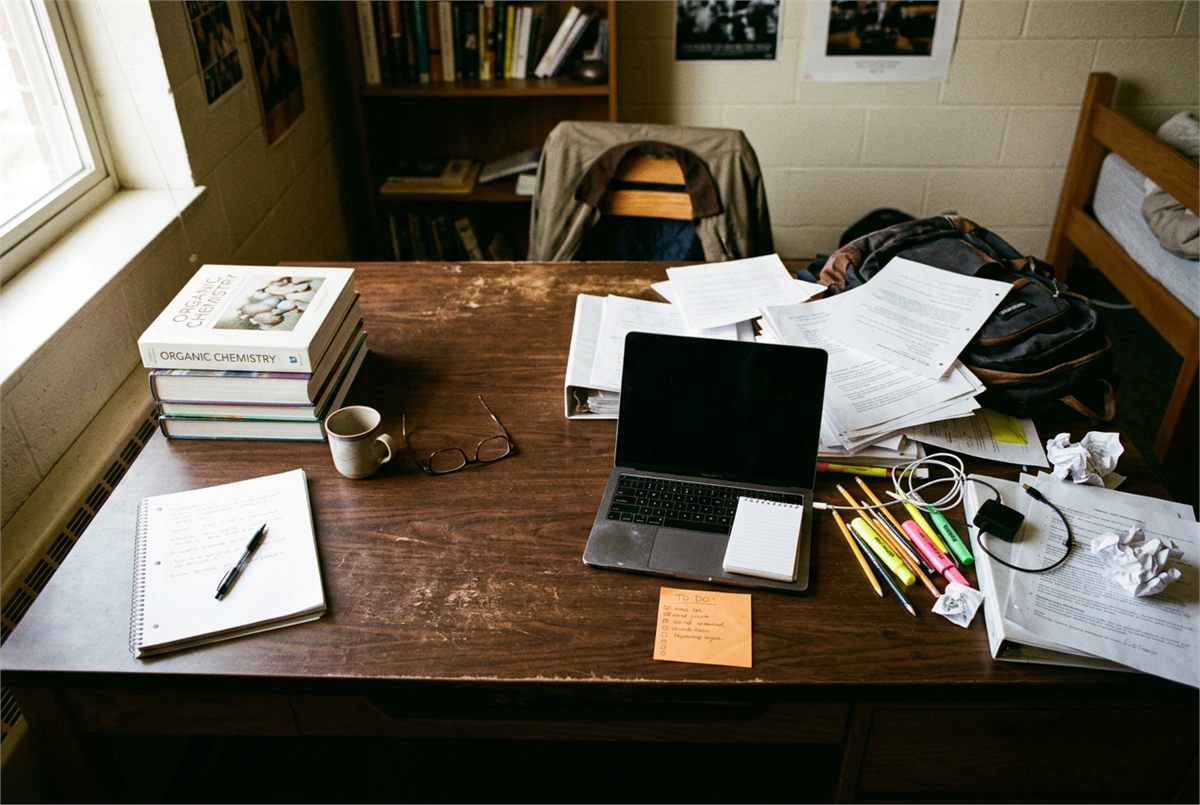 A student desk half tidied, showing the contrast between clutter and clear space