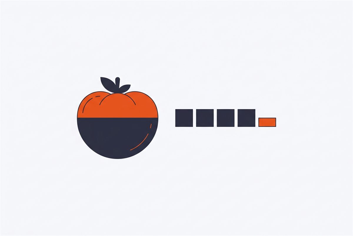 Flat illustration of a Pomodoro timer with work intervals and a shorter break
