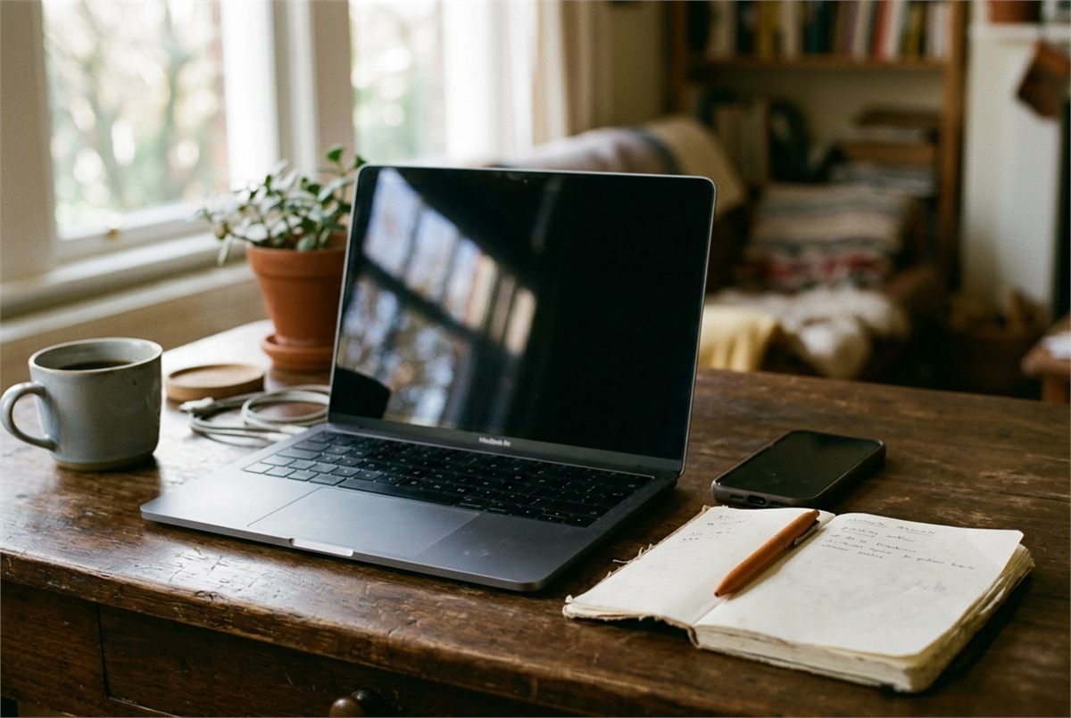 A laptop with a dark screen and a face-down phone on a cleared desk