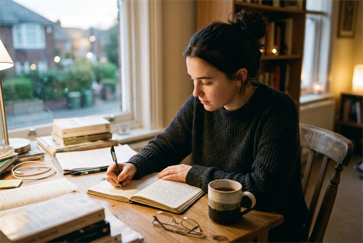 A student writing an end-of-day reflection in a notebook beside coffee and glasses