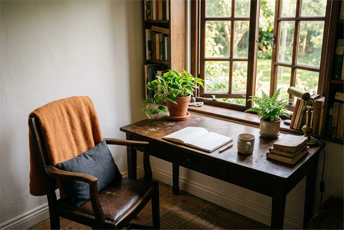 A calm study nook with a wooden desk, plants and warm morning light