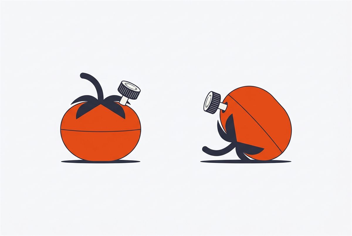 Flat illustration of a Pomodoro timer upright and tipped over, representing a broken focus cycle