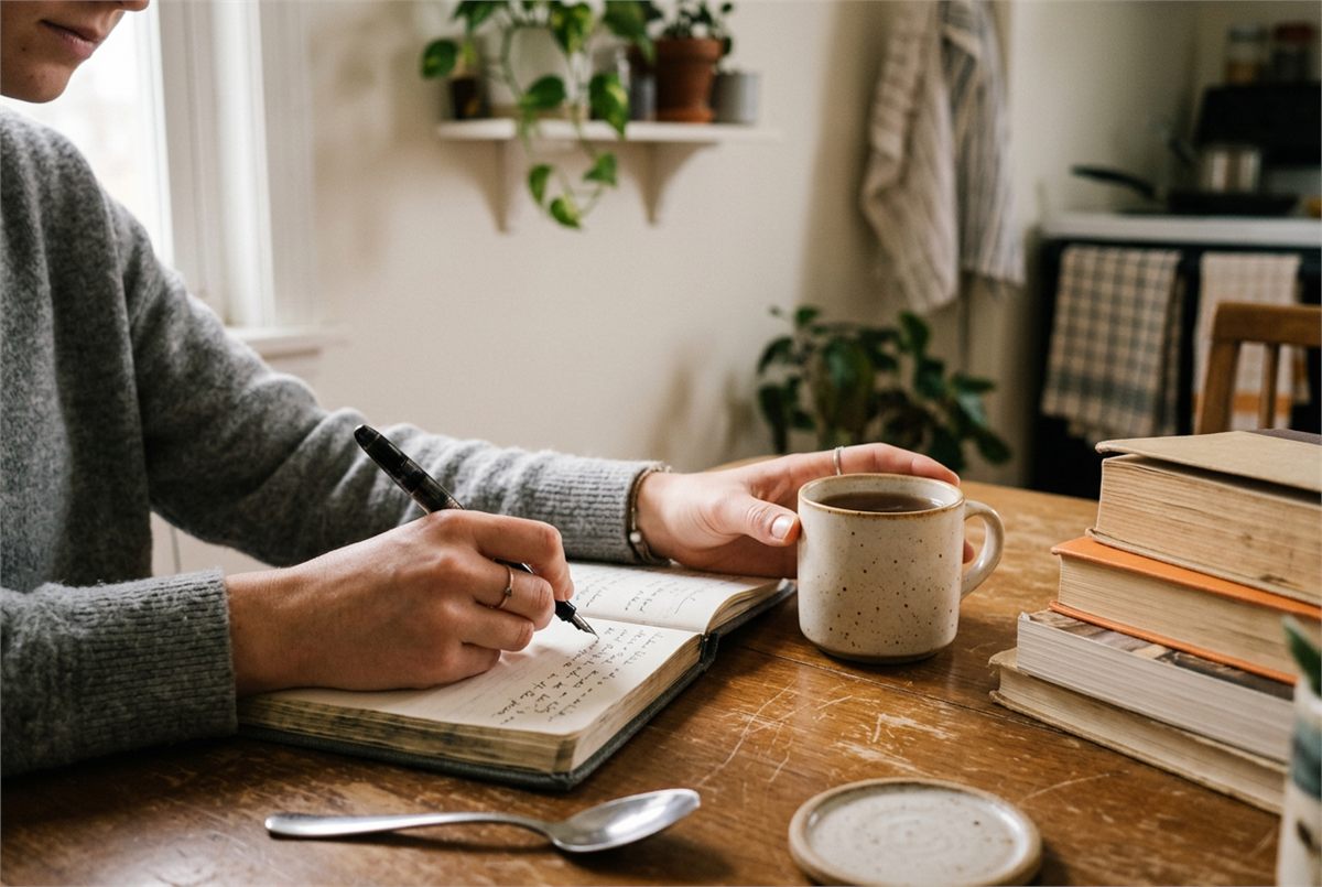Hands journaling at a kitchen table beside tea and a stack of books