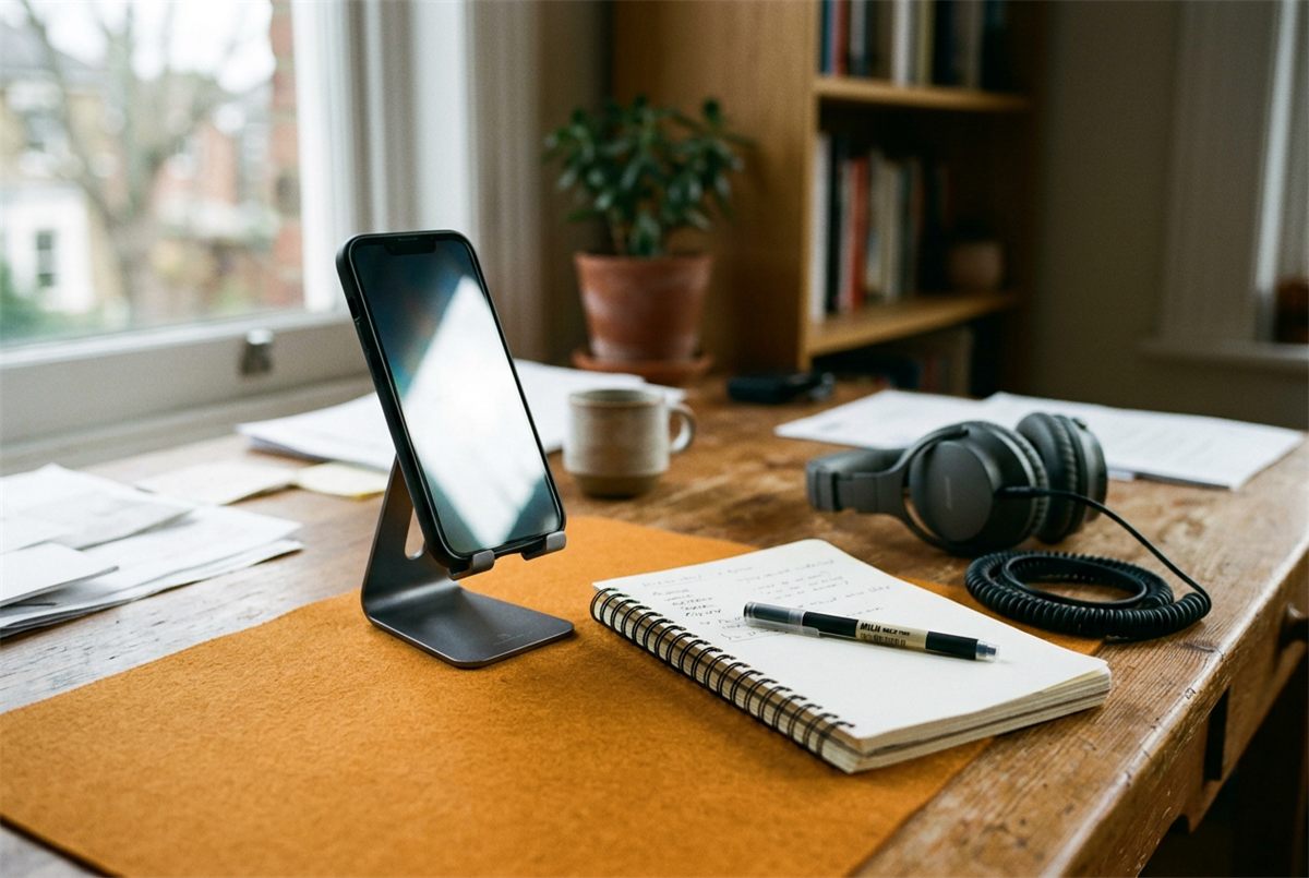 A phone propped on a stand beside a notebook and headphones on a study desk