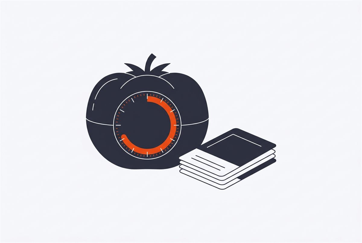 Flat illustration of a Pomodoro timer beside a stack of flashcards
