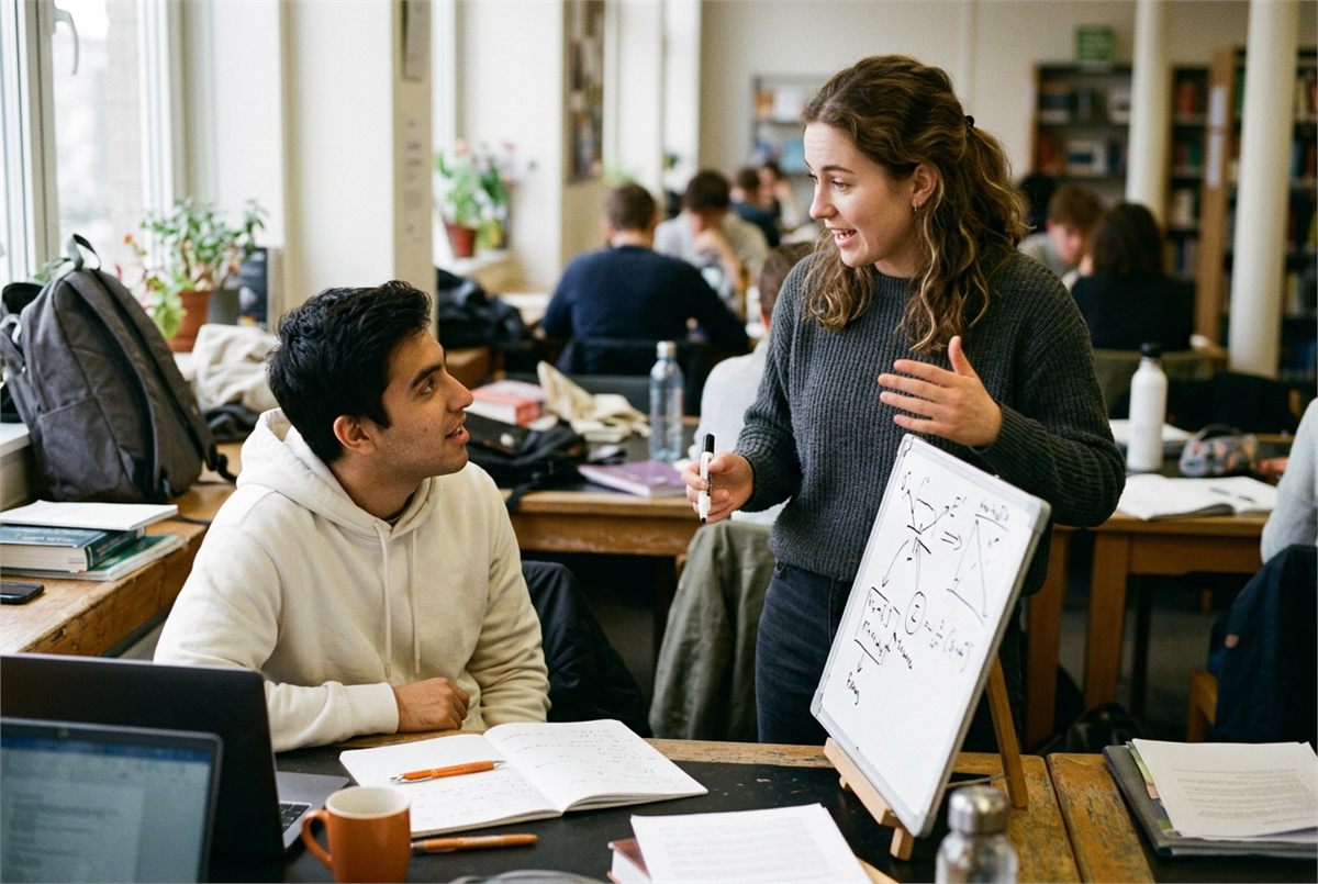 One student explaining a concept at a whiteboard to another seated at a desk
