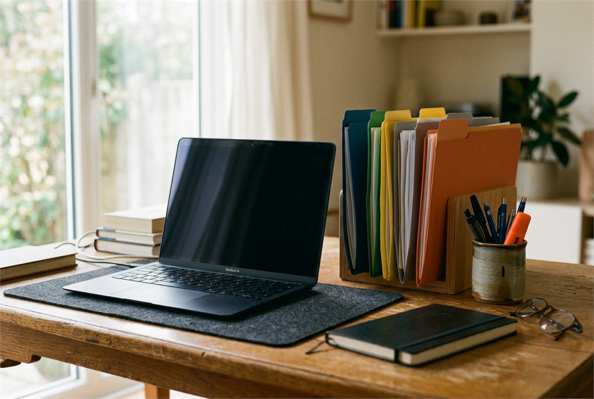 A laptop with a dark screen beside colour-coded folder dividers