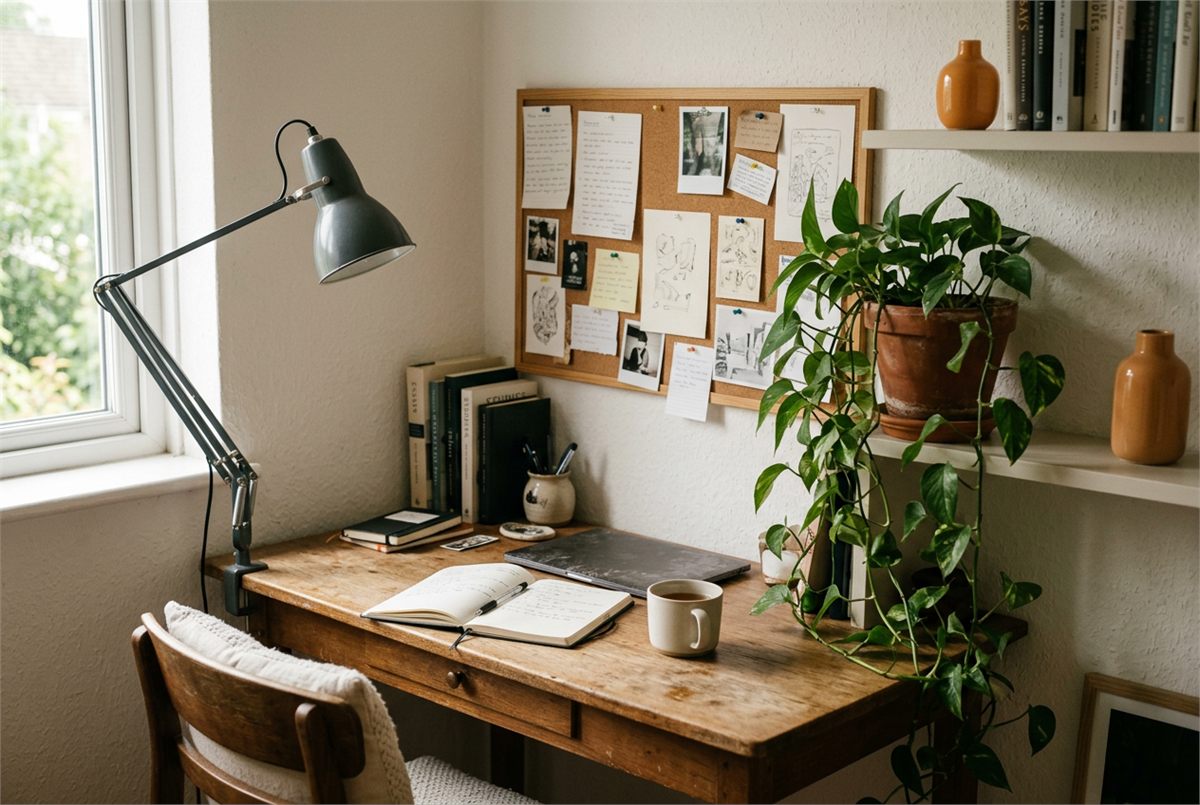 A dedicated study corner with a desk lamp, plant and corkboard