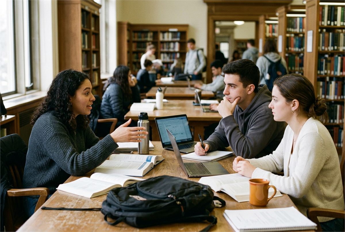 Three students studying together around a library table