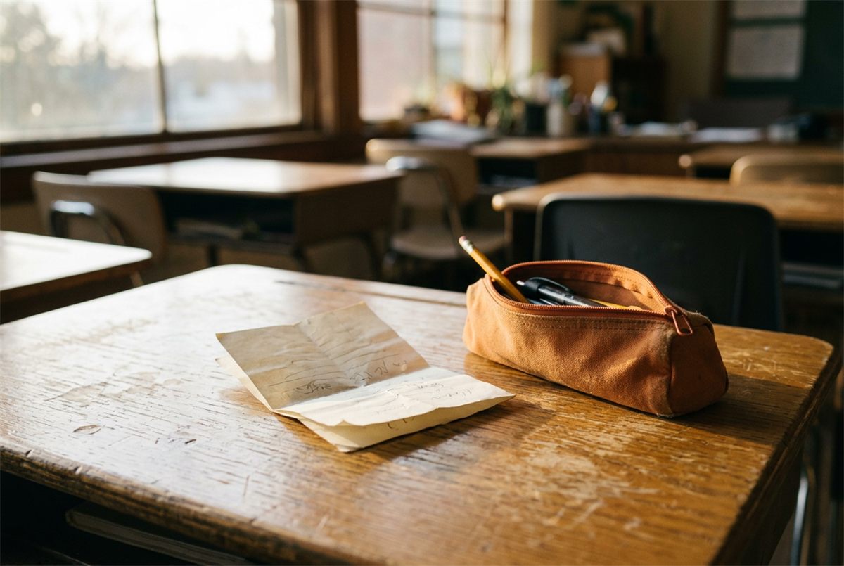 A folded handwritten note left on a classroom desk beside a pencil case