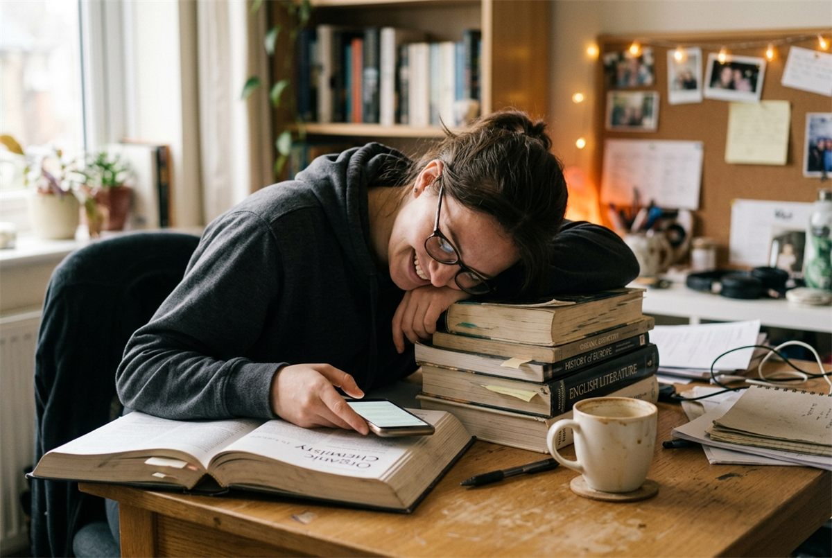 A student laughing at their phone while slumped over a pile of textbooks