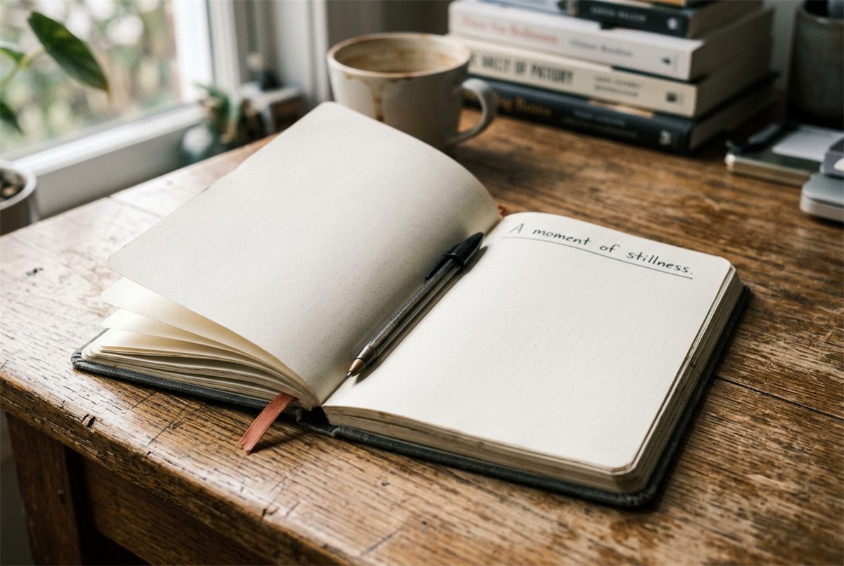 An open notebook with a single handwritten line, lit by morning light