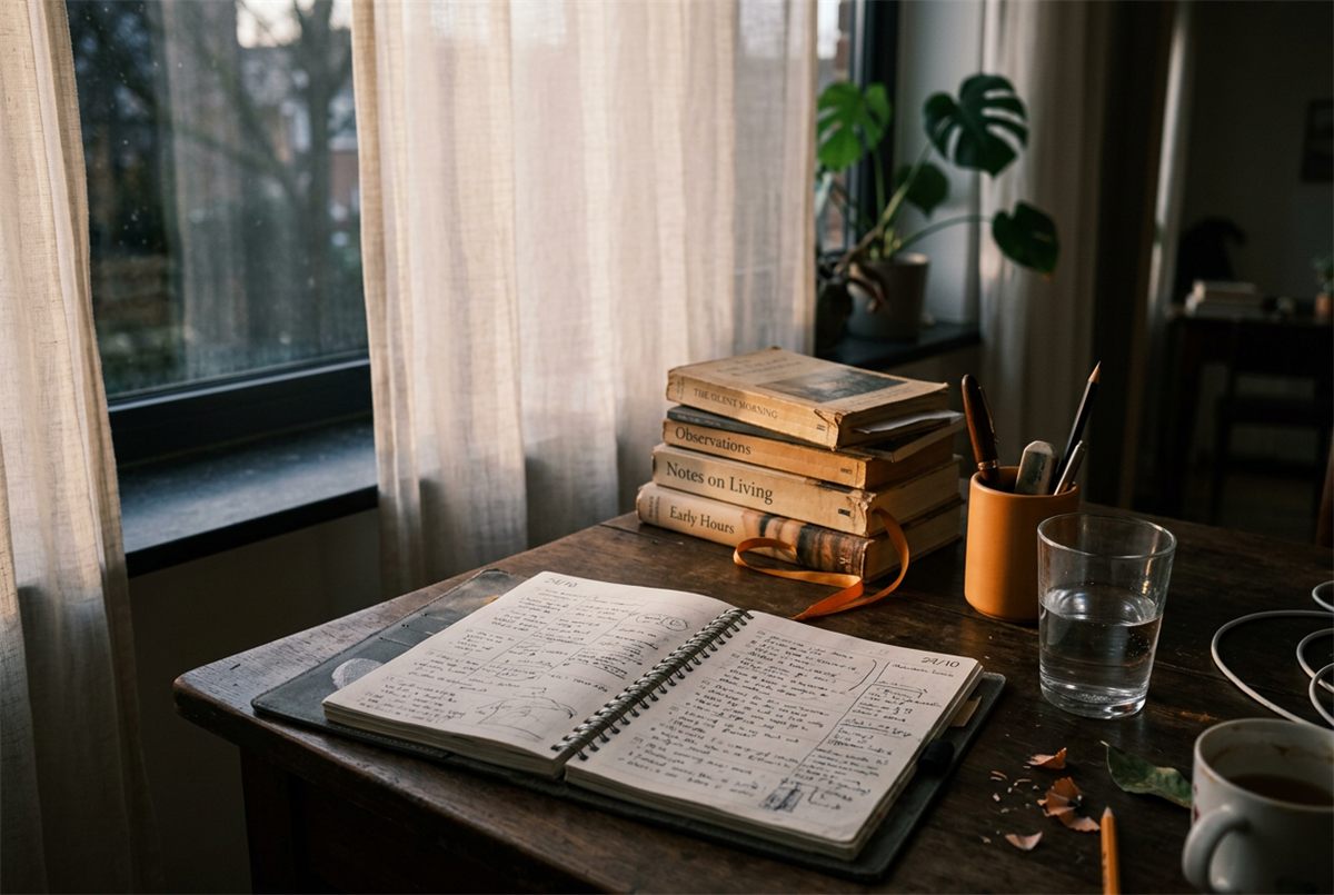 An early-morning desk with an open planner, water and a stack of books