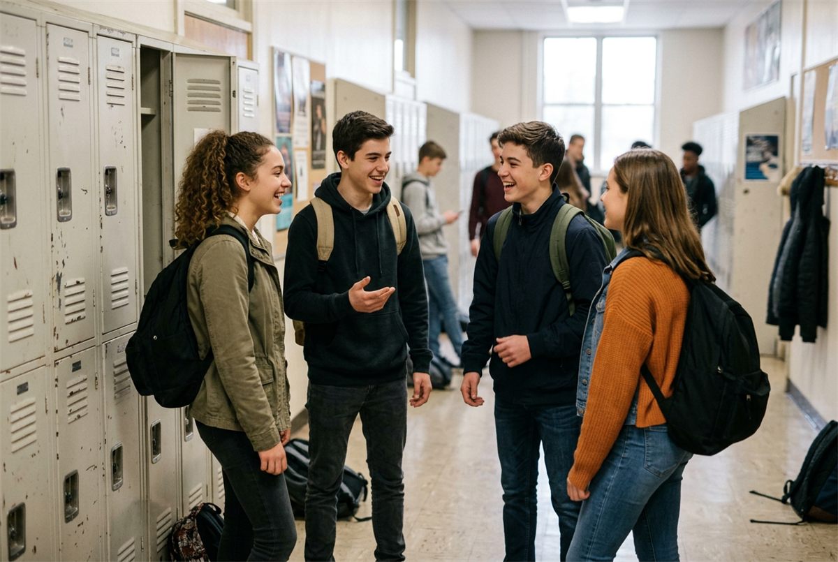 Teenagers talking together in a school corridor beside lockers