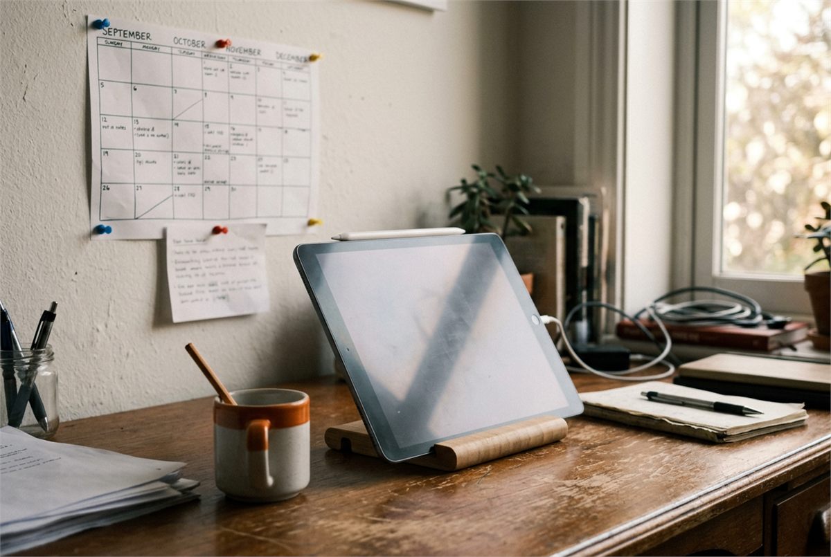 A tablet and stylus propped on a desk in front of a paper term calendar