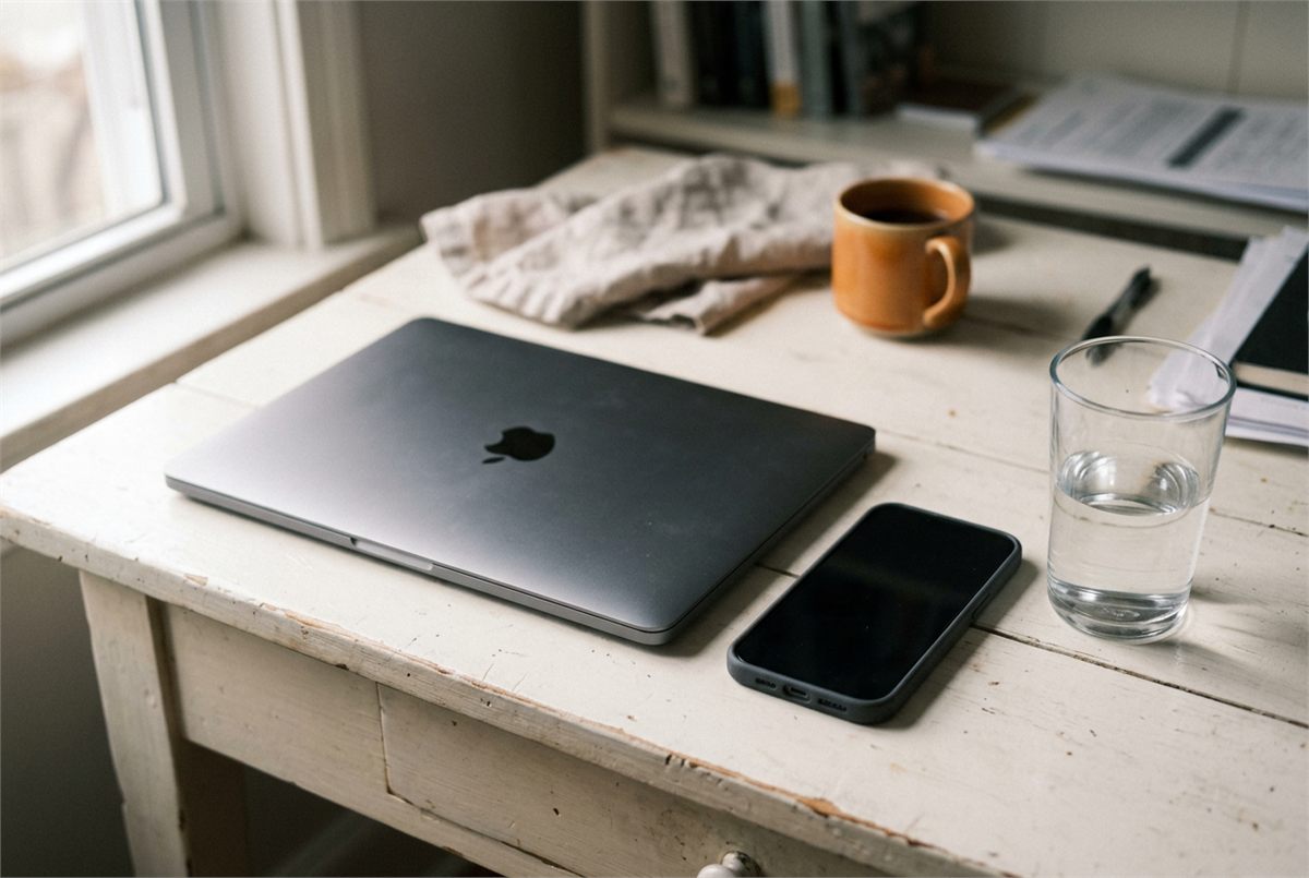 A laptop and smartphone side by side on a clean desk