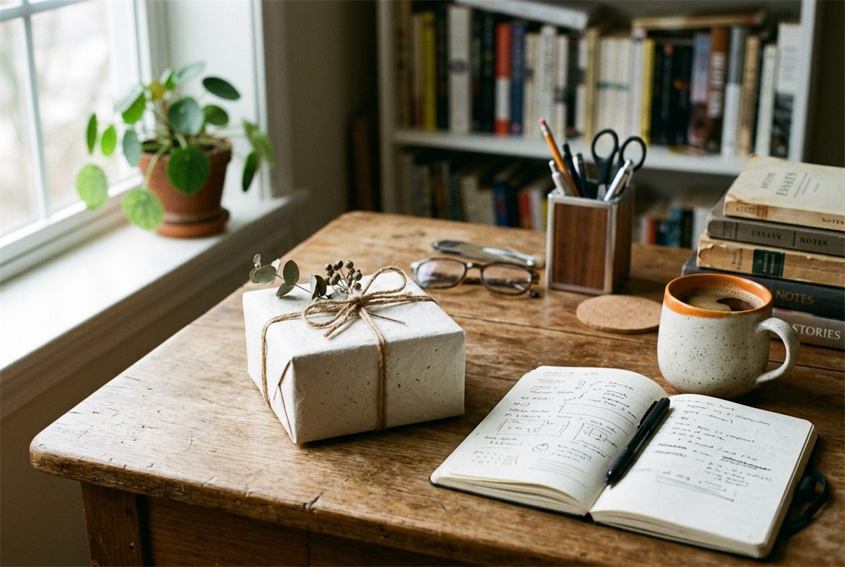 A simply wrapped gift beside an open notebook and a mug
