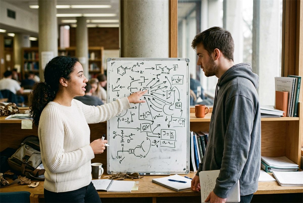 Two students working through diagrams together at a whiteboard