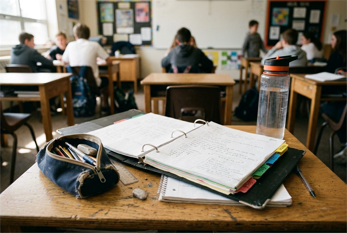 A middle school binder open to tabbed sections beside a pencil case