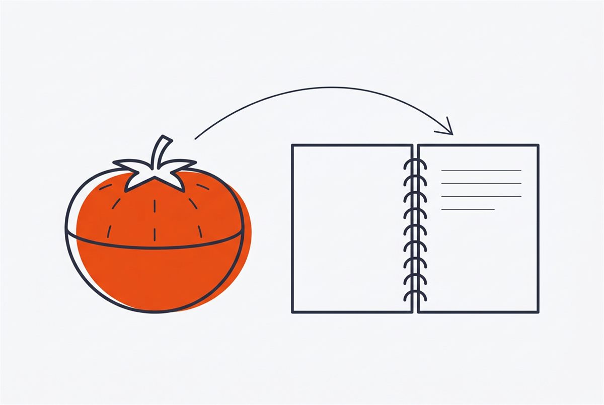 Flat illustration of a Pomodoro timer linked to a notebook by a curved arrow