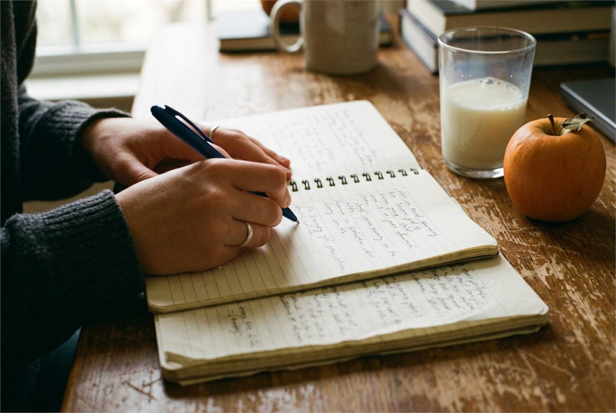 Close-up of a young student writing in a lined notebook at the kitchen table