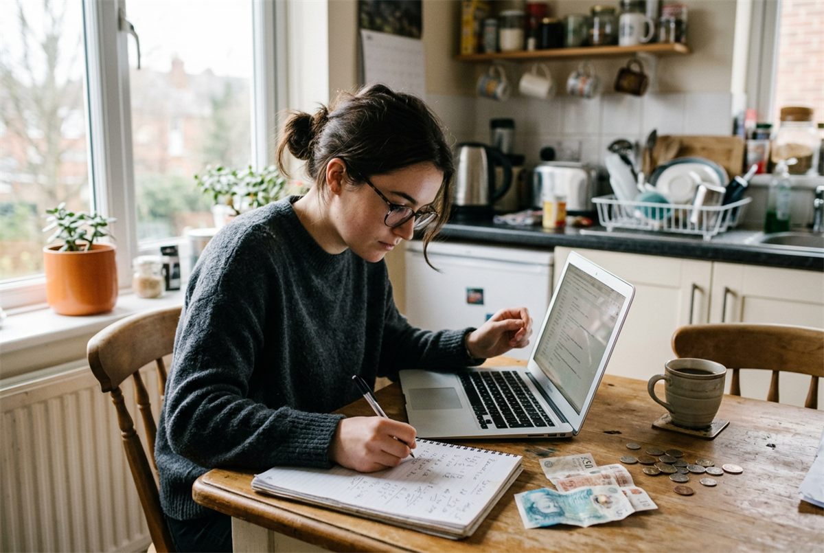 A student at a kitchen table with a laptop, notepad of figures and loose change