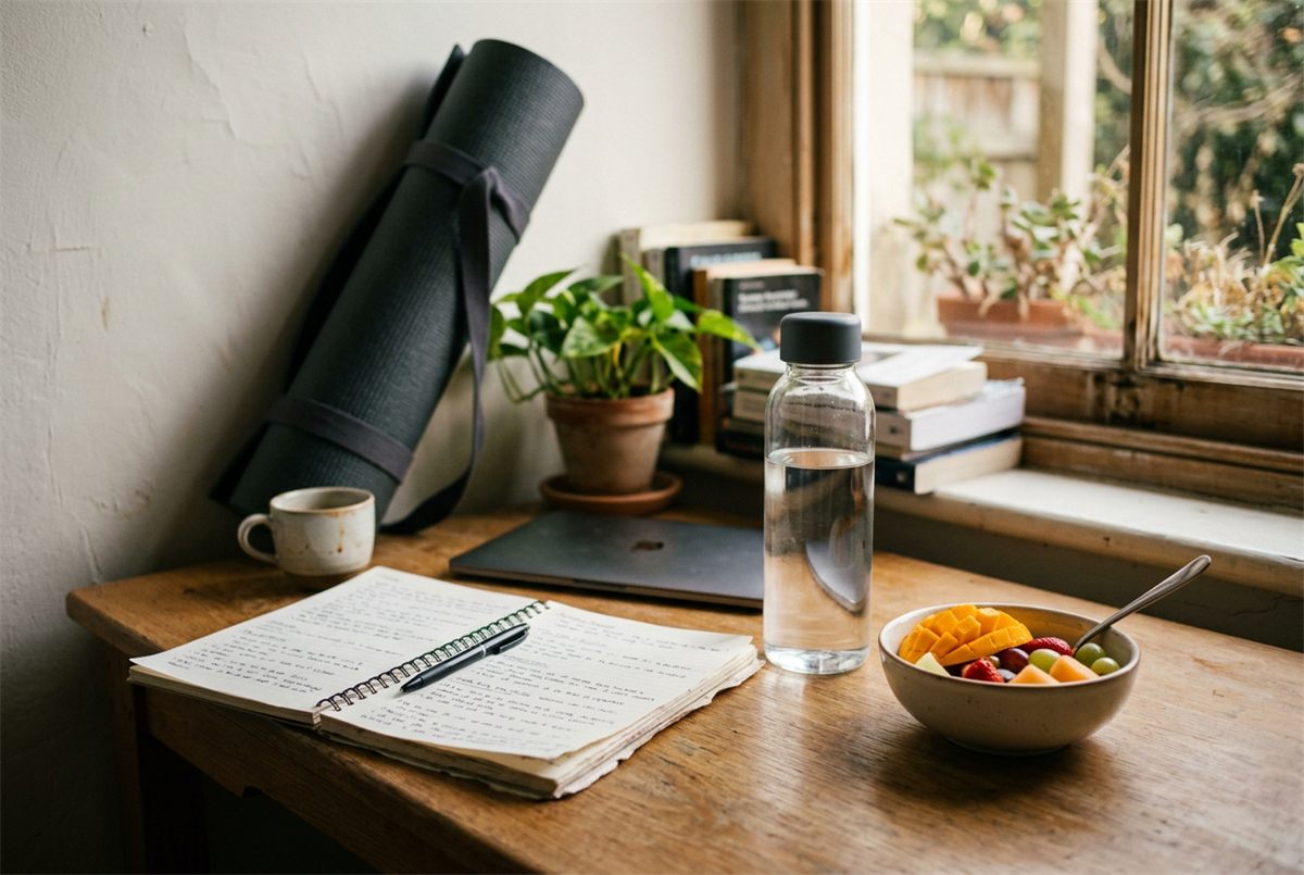 A student desk with a water bottle, cut fruit and a rolled yoga mat