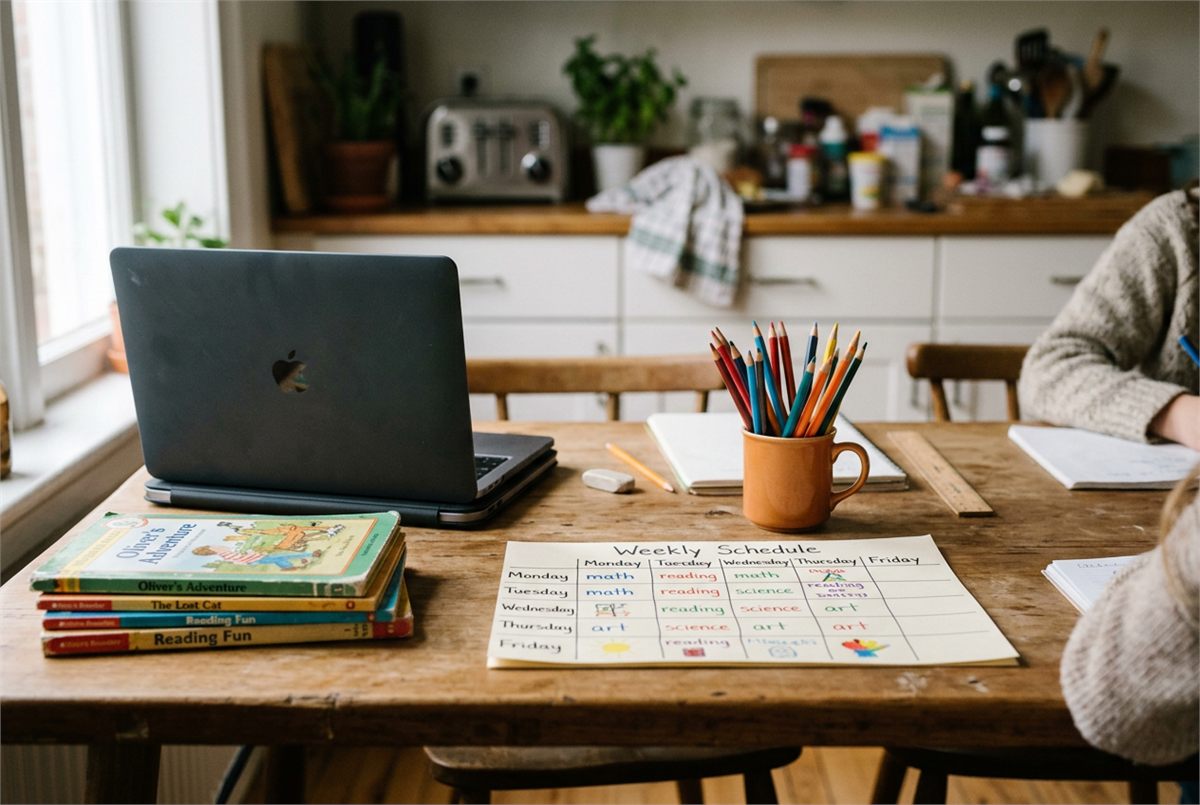 A homeschool kitchen table with a paper weekly grid, coloured pencils and books