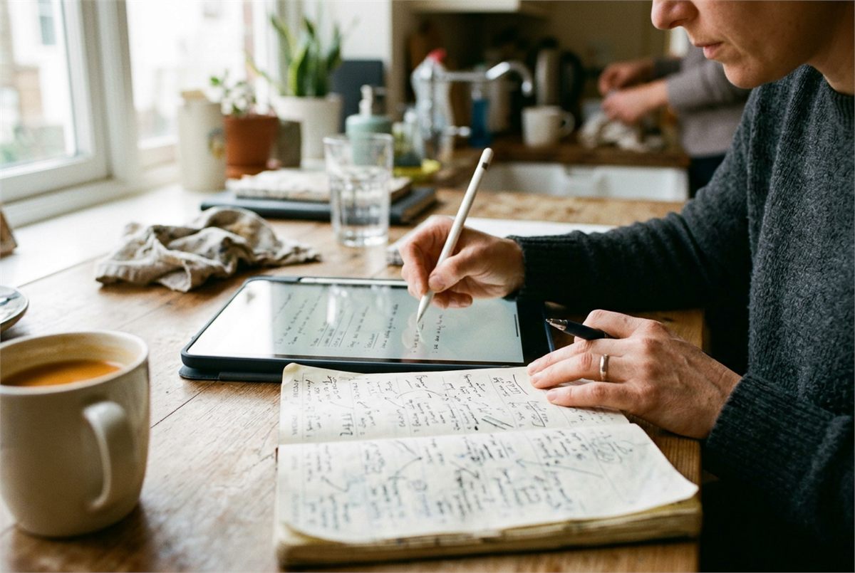 Hands moving notes from a paper planner onto a tablet