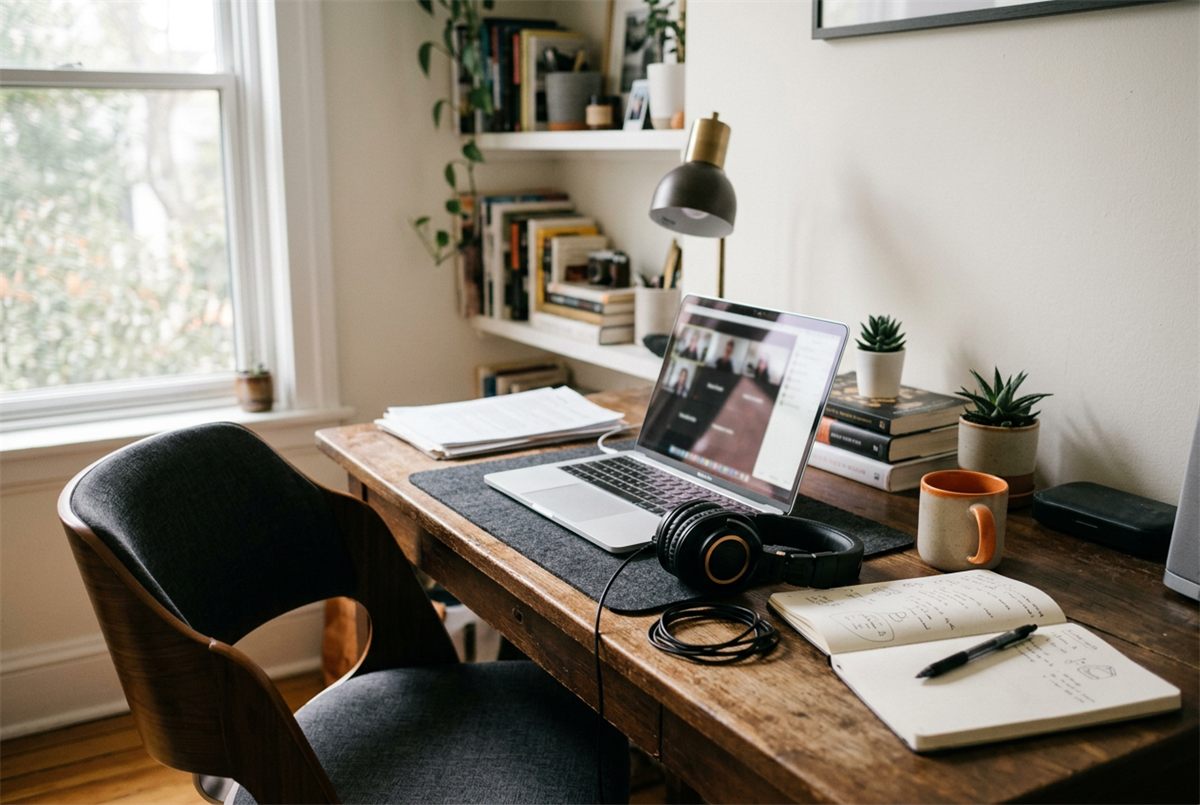 A home desk set up for an online class with laptop, headphones and notebook