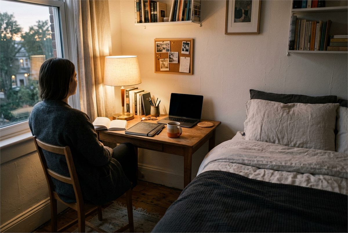 A calm bedroom study corner with a small desk and warm lamp