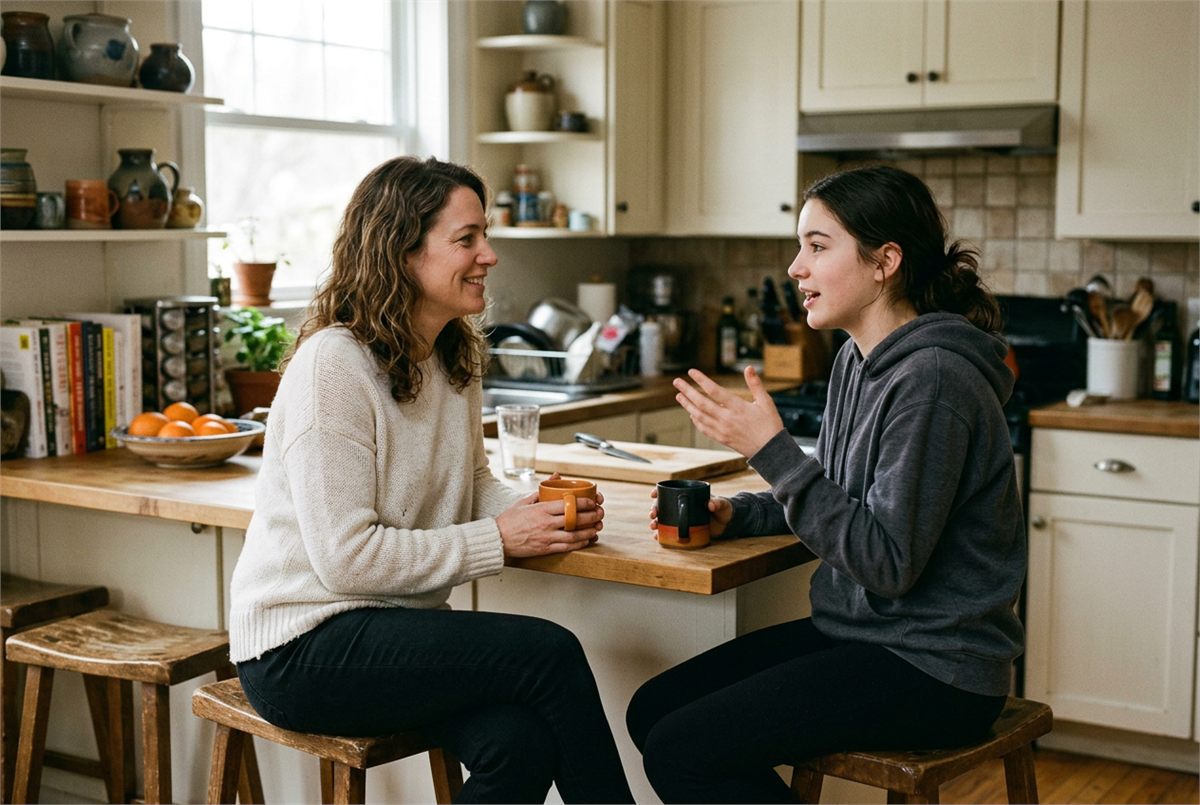 A parent and teenager talking together over mugs at the kitchen counter