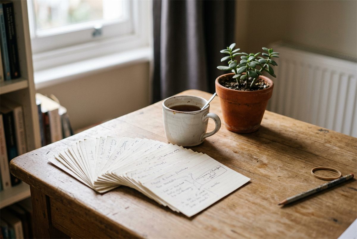 A calm revision desk with handwritten flashcards, tea and a small plant