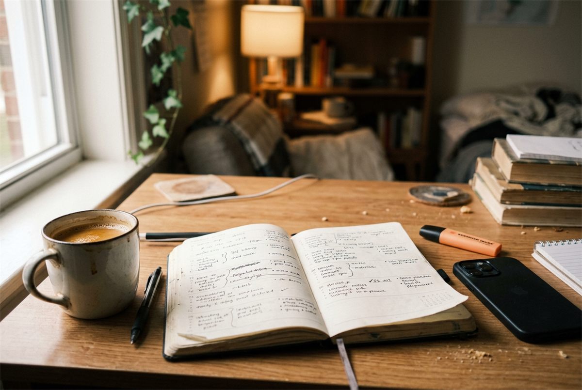 A morning desk with a filled weekly planner, coffee and a face-down phone