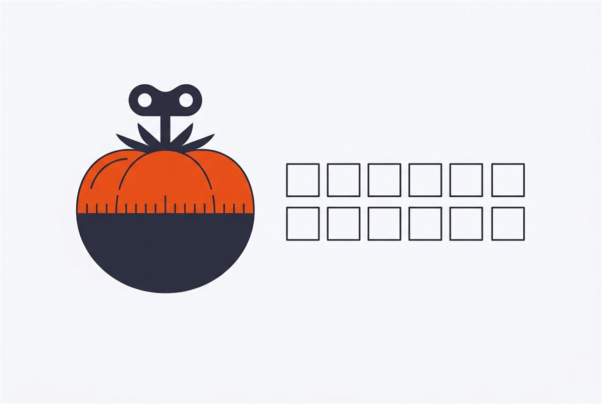Flat illustration of a Pomodoro timer beside a simple weekly schedule grid