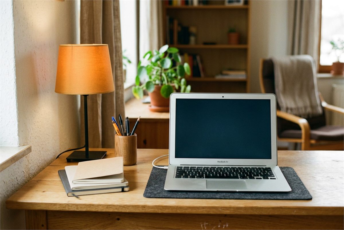 A freshly set up study desk with new notebooks, a laptop and a lamp