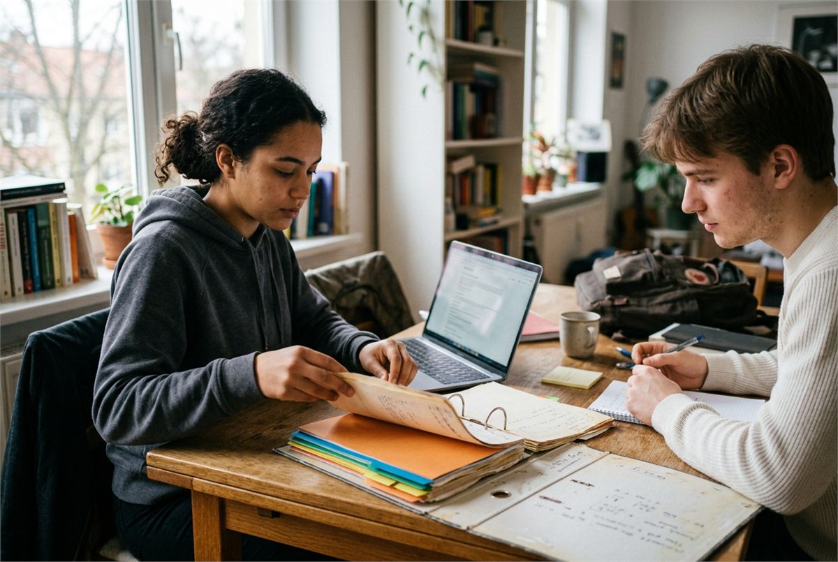 Two students organising binders and a laptop at a dining table