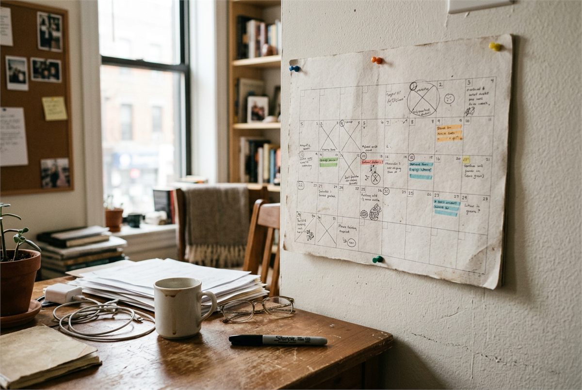 A paper wall planning calendar pinned above a study desk