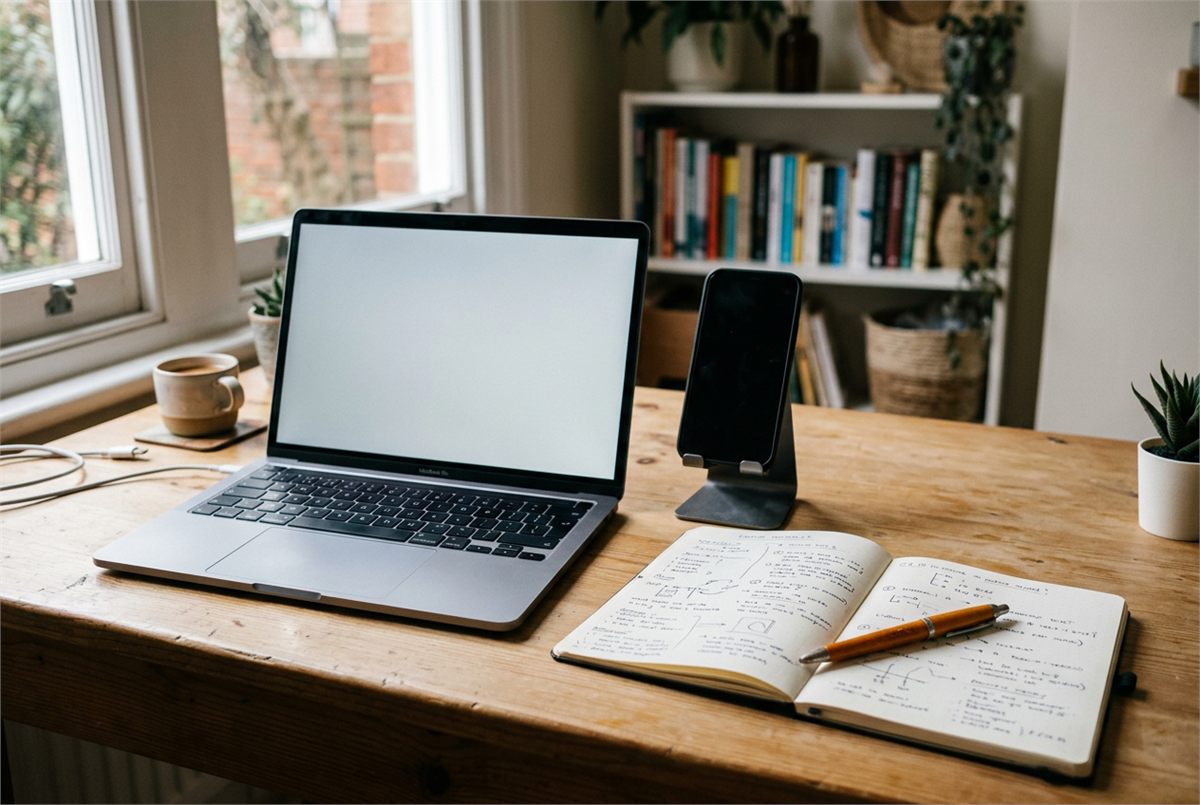 A laptop, phone on a stand and open notebook arranged on a clean desk