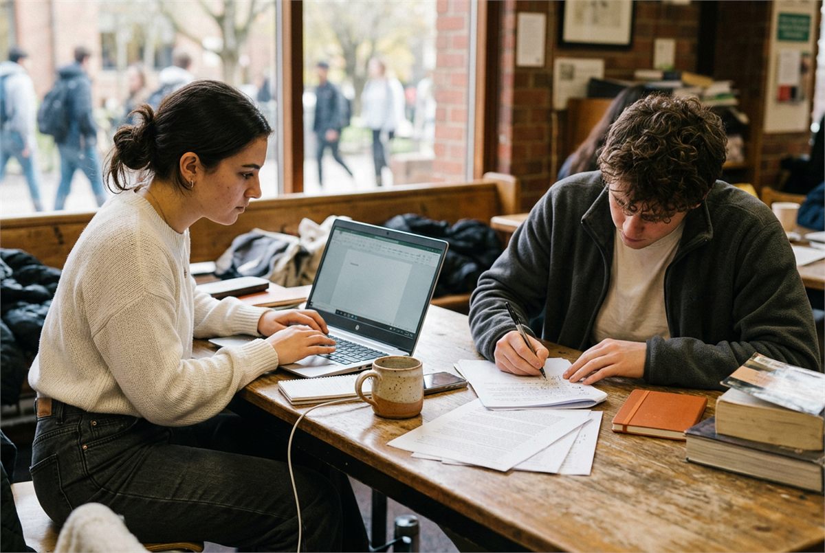 Two students working together, one typing and one annotating a printed page
