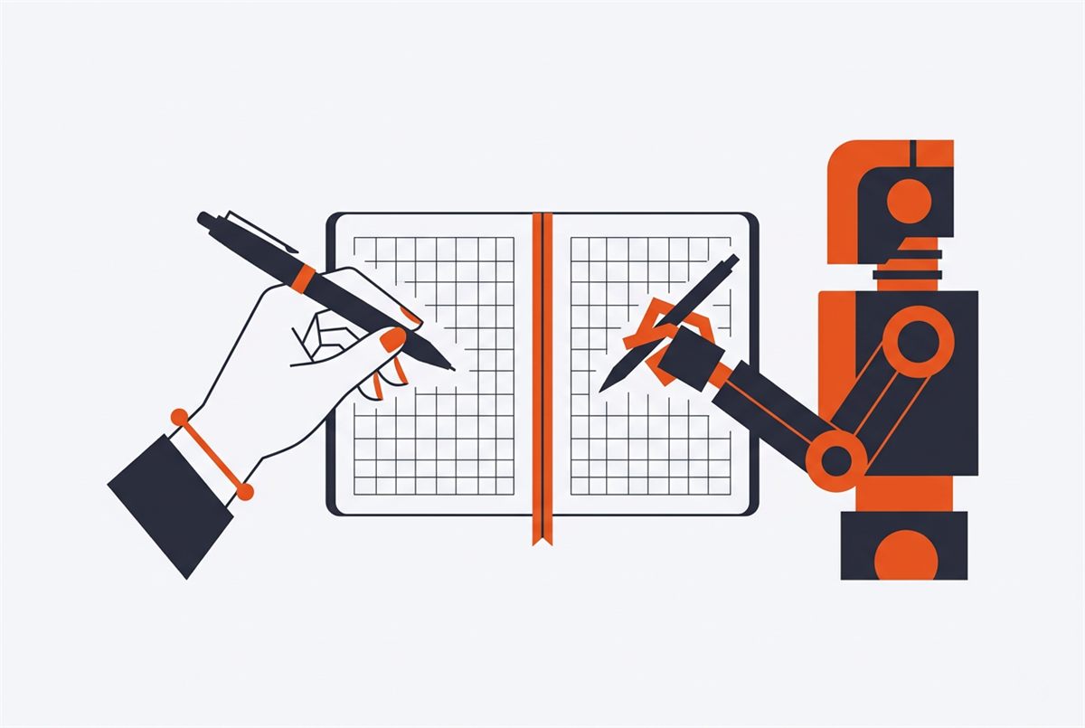 Flat illustration of a human hand with a pen and a simple robot form meeting over a notebook